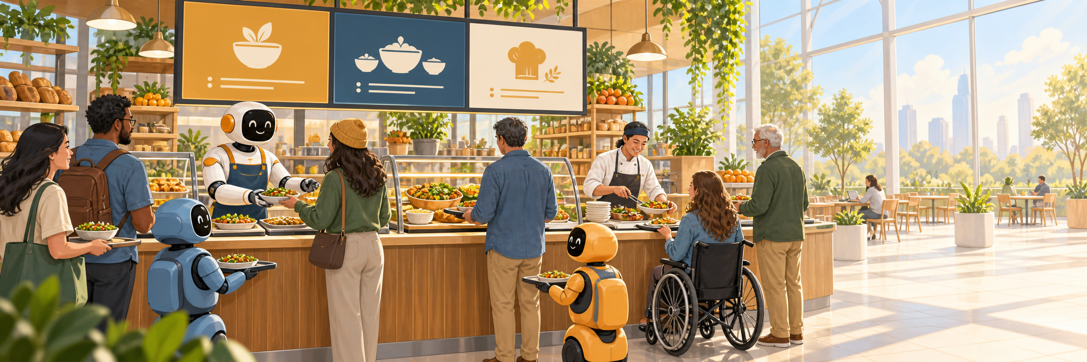 People and friendly robots choose from three illustrated menu options at a welcoming cafeteria counter in a sunlit atrium.