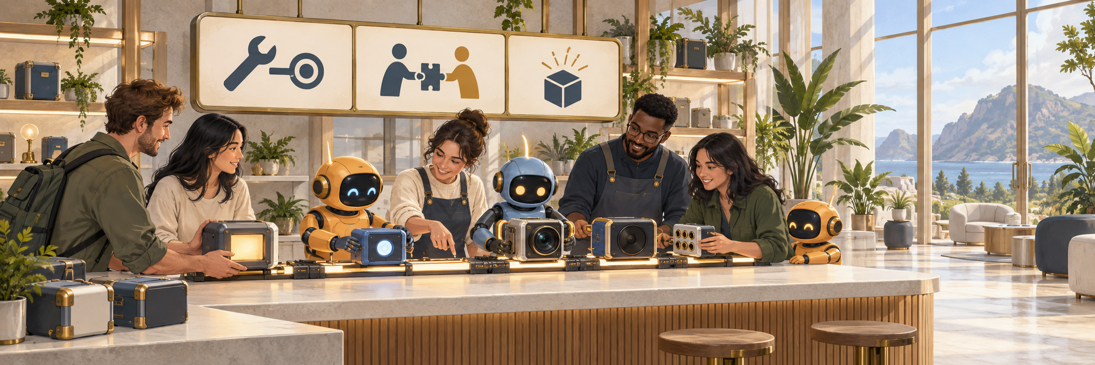 People and friendly robots help clients connect modules at a support counter.